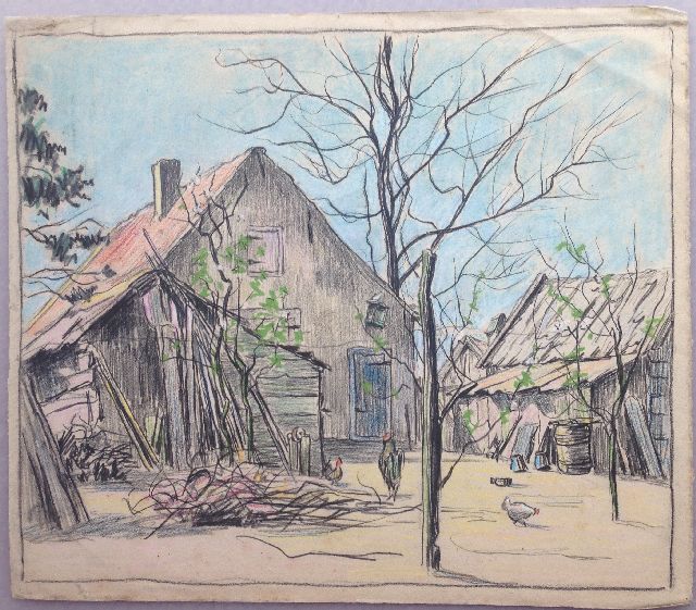 Edith Pijpers | Boerenerf in de winter, krijt op papier, 31,7 x 36,4 cm