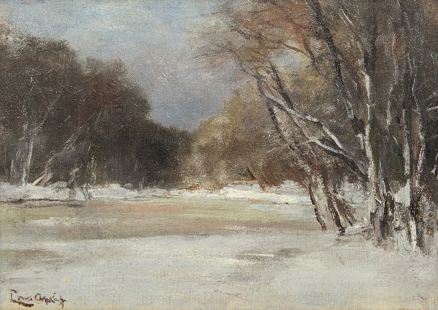 Louis Apol | Besneeuwde bosvijver, olieverf op doek op paneel, 25,6 x 35,8 cm, gesigneerd l.o.