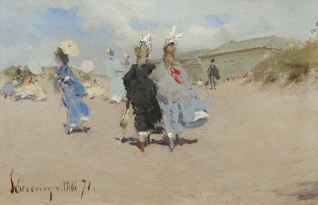 Frederik Hendrik Kaemmerer | Elegante dames op het strand van Scheveningen, olieverf op board, 15,5 x 24,0 cm, gesigneerd l.o. en gedateerd 'Scheveningen' Mai '71