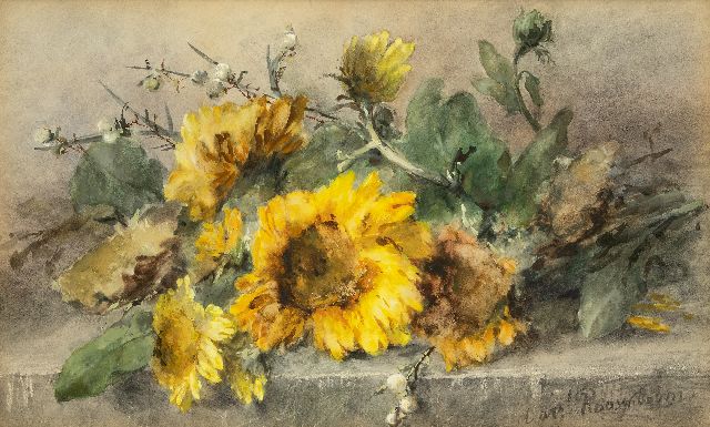 Roosenboom M.C.J.W.H.  | Zonnebloemen op een stenen plint, aquarel op papier 44,3 x 74,8 cm, gesigneerd r.o.