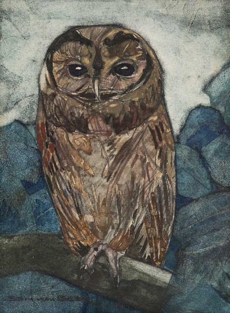 Sam van Beek | Bosuil, aquarel op papier, 25,5 x 19,2 cm, gesigneerd l.o.