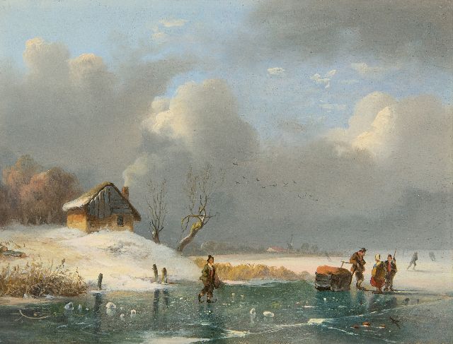 Ferdinand Hendrik Sijpkens | Bevroren vaart met een slede en schaatsers, olieverf op paneel, 19,3 x 25,3 cm