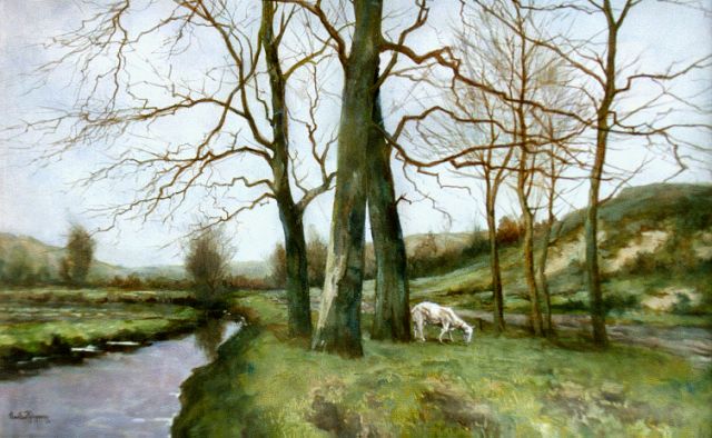 Rhijnnen J. van | Landschap met geitje, aquarel op papier 34,0 x 53,0 cm, gesigneerd l.o.