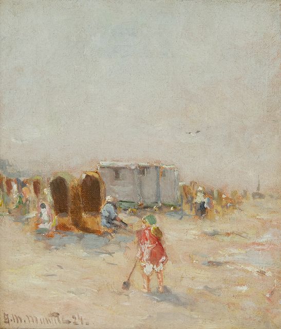 Morgenstjerne Munthe | Badgasten en vissersvolk op het strand, olieverf op doek, 22,6 x 19,5 cm, gesigneerd l.o. en gedateerd '24