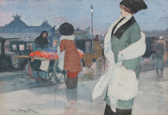 M. Prella | Elegante vrouw op boulevard, Parijs, aquarel en gouache op papier, 16,0 x 23,6 cm, gesigneerd l.o.