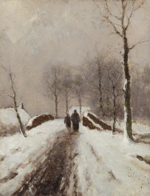 Louis Apol | Wandelaars op een besneeuwd pad, olieverf op paneel, 19,0 x 14,9 cm, gesigneerd r.o. en gedateerd '75
