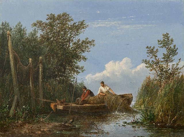 J.G. Hans | Het binnenhalen van de fuiken, olieverf op paneel, 34,0 x 45,0 cm, gesigneerd r.o.