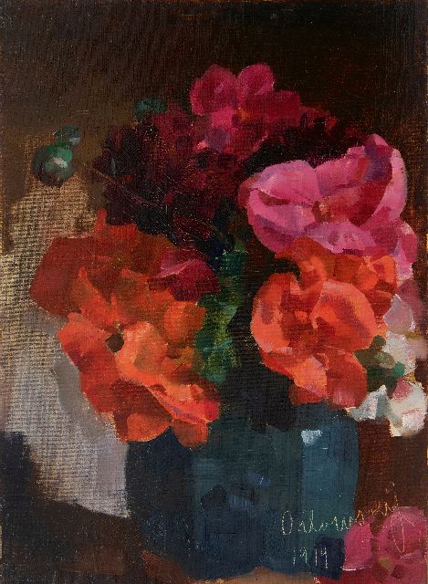 Orlowsky E.  | Bloemstilleven, olieverf op doek op board op paneel 49,1 x 36,2 cm, gesigneerd r.o. en gedateerd 1914