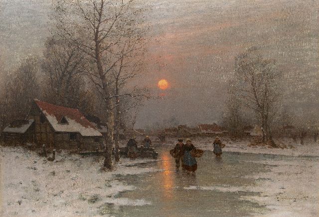 Johann Jungblut | Landvolk op een bevroren rivier, olieverf op doek, 80,3 x 115,1 cm, gesigneerd r.o. en zonder lijst