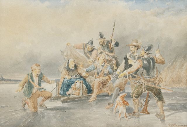 Pieter Alardus Haaxman | Ontsnapping van de moeder van Lambert Melisz in de Tachtigjarige Oorlog, aquarel op papier, 33,7 x 50,8 cm, gesigneerd r.o. en gedateerd '66
