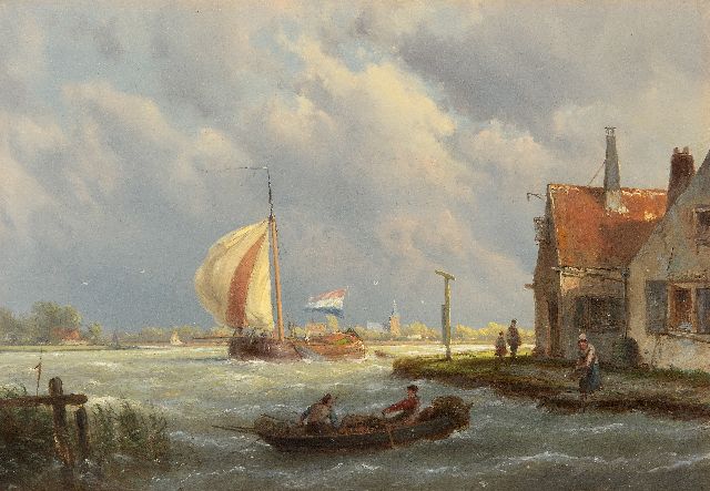 Hermanus Koekkoek | Langs een dorpje zeilende tjalk in een stevige bries, olieverf op paneel, 22,1 x 32,0 cm, gesigneerd r.m. op huisje