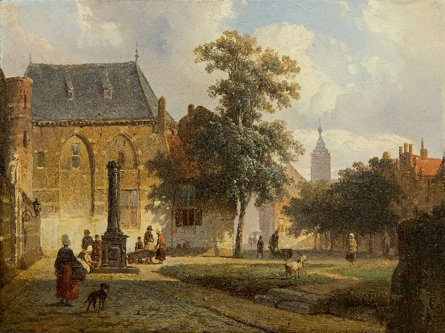 Cornelis Springer | Zonnig stadsplein met figuren bij een waterpomp, olieverf op paneel, 16,3 x 21,7 cm, gesigneerd r.o. met monogram en gedateerd '51