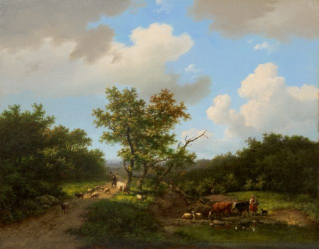Marinus Adrianus Koekkoek I & Eugène Verboeckhoven | Vee bij een drinkplaats, olieverf op paneel, 44,3 x 56,3 cm, gesigneerd l.o. 'M.A. Koekkoek' en gedateerd 1853