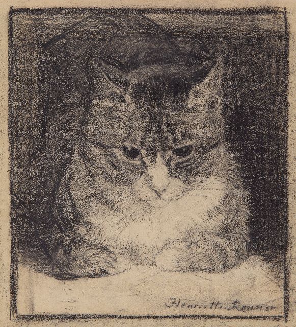 Henriette Ronner-Knip | Portret van een kat, houtskool op papier, 25,2 x 23,5 cm, gesigneerd r.o.