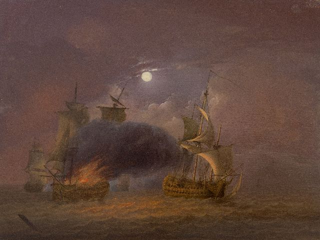 Jan van Os | Zeeslag bij Camperduin bij volle maan, olieverf op paneel, 26,6 x 35,3 cm, gesigneerd l.o. en te dateren ca. 1800