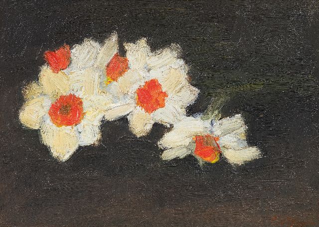 Chris van der Windt | Witte narcissen, olieverf op board, 16,7 x 22,8 cm, gesigneerd r.o.
