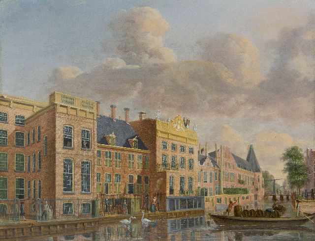 Compe J. ten | Gezicht op de Amstel met de huizen aan de Doelenstraat en de Kloveniersdoelen, Amsterdam, olieverf op paneel 32,6 x 42,6 cm