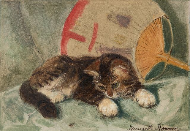 Henriette Ronner-Knip | Jong katje met een vlieg, olieverf op papier op board, 21,8 x 31,2 cm, gesigneerd r.o.