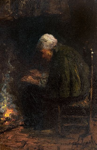 Jozef Israëls | Bij de haard, olieverf op paneel, 29,5 x 20,0 cm, gesigneerd r.o. (tweemaal)