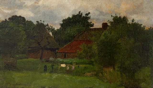 Jan Hendrik Weissenbruch | Boerderij met drogende was, olieverf op doek op paneel, 15,4 x 26,1 cm, gesigneerd l.o.