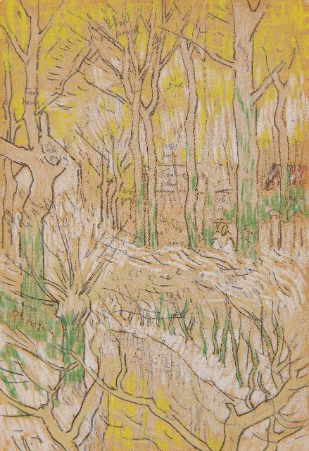 Jan Toorop | Meertje omringd door bomen met boerderijen in de verte, zwart en gekleurd krijt op papier, 16,4 x 11,3 cm