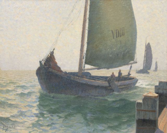 A.P. Schotel | Binnenvarende botter in de haven van Volendam, olieverf op doek, 80,7 x 100,4 cm, gesigneerd l.o.