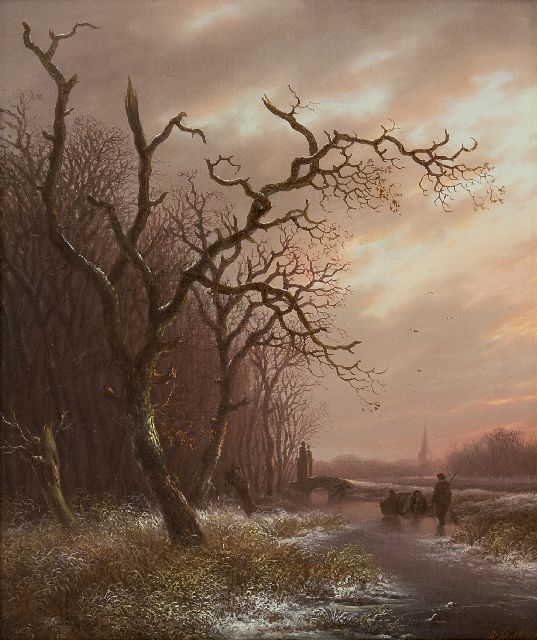 Andreas Schelfhout | Jager en schaatsers op het ijs langs de bosrand (1e versie), olieverf op paneel, 29,5 x 24,7 cm, gesigneerd r.o. en te dateren ca. 1812