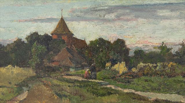 Johannes Evert Akkeringa | Moeder en kind op een dorpspad, olieverf op paneel, 17,4 x 32,5 cm, gesigneerd l.o.