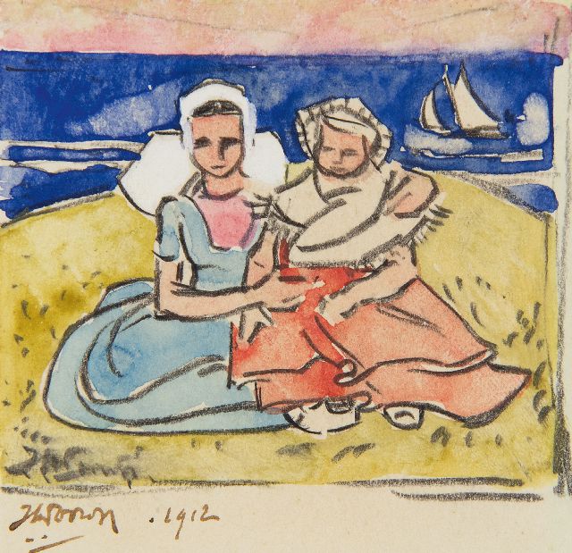 Jan Toorop | Op het duin bij Domburg, zwart krijt en aquarel op papier, 6,2 x 6,6 cm, gesigneerd l.o. (tweemaal) en gedateerd 1912