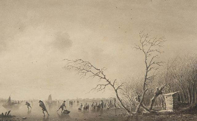Schelfhout A.  | IJspret met schaatsers, koek-en-zopietent en ijszeilboot, penseel en inkt op papier 21,0 x 33,5 cm, gesigneerd r.o. (vaag)