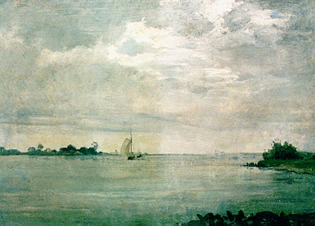 Jan Voerman sr. | Plasgezicht met zeilboot, olieverf op doek, 30,3 x 42,0 cm
