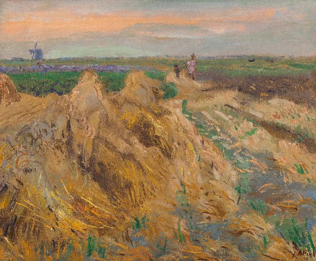Jan Altink | Wandelaars tussen het graan, Groningen, wasverf op doek, 50,3 x 60,2 cm, gesigneerd r.o. en gedateerd '51