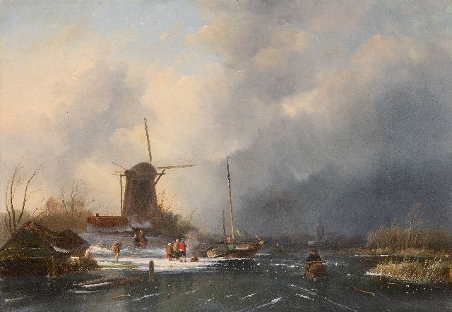 Cornelis Petrus 't Hoen | Schaatsers en figuren op het ijs bij naderende sneeuwstorm, olieverf op paneel, 41,3 x 58,8 cm, gesigneerd l.o. op botenhuisje en gedateerd 1854
