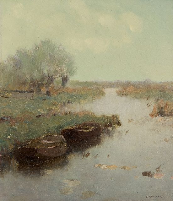 Aris Knikker | Afgemeerde schuiten in poldervaart, olieverf op schildersboard, 25,4 x 21,4 cm, gesigneerd r.o.