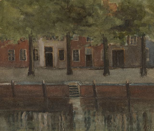 Jakob Nieweg | Stadskade met weerspiegeling van huizen in het water, aquarel op papier, 27,0 x 32,0 cm, gesigneerd r.o. met monogram