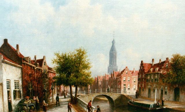 Petrus Gerardus Vertin | Zonovergoten stadsgracht te Enkhuizen met figuren, olieverf op doek, 42,7 x 55,0 cm, gesigneerd l.o. en gedateerd '89