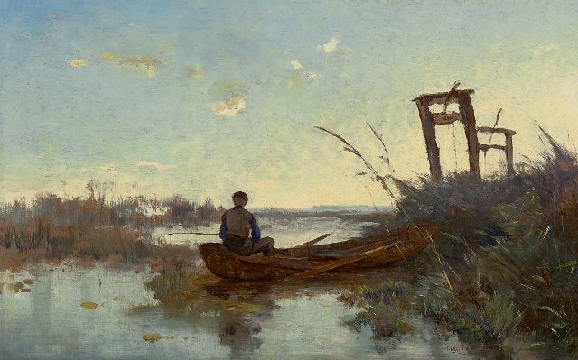 Constan Gabriel | Visser bij viskaar in veenlandschap, olieverf op doek, 29,0 x 46,4 cm, gesigneerd r.o. en te dateren ca. 1875