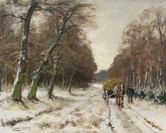 Louis Apol | Man met hooikar op besneeuwd bospad, olieverf op doek, 32,6 x 40,5 cm, gesigneerd l.o.