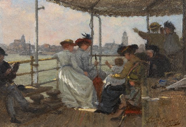 Philip Sadée | Dagje uit op de stoomboot van Arnhem naar De Westerbouwing, olieverf op doek op paneel, 34,6 x 50,0 cm, gesigneerd r.o. en gedateerd 27 juli 1900