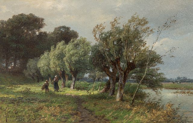 Jan Willem van Borselen | Hout sprokkelen op het pad langs de vaart, olieverf op paneel, 20,8 x 31,7 cm, gesigneerd l.o.