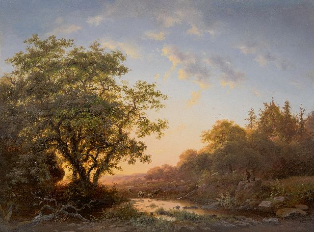 Frederik Marinus Kruseman | Schaapsherder en kudde bij ondergaande zon, olieverf op paneel, 47,8 x 64,3 cm, gesigneerd r.o. en gedateerd 1855