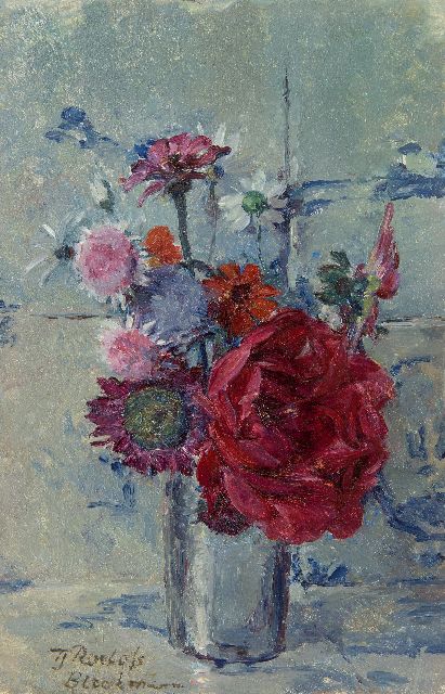 Tjieke Roelofs-Bleckmann | Zomerbloemen in vaas, olieverf op paneel, 29,8 x 18,8 cm, gesigneerd l.o.