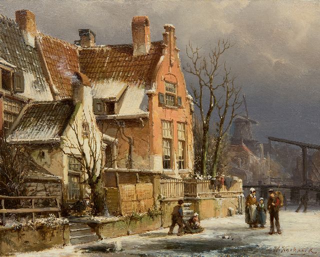 Willem Koekkoek | Hollands stadje met figuren op het ijs, olieverf op paneel, 18,7 x 23,6 cm, gesigneerd r.o.