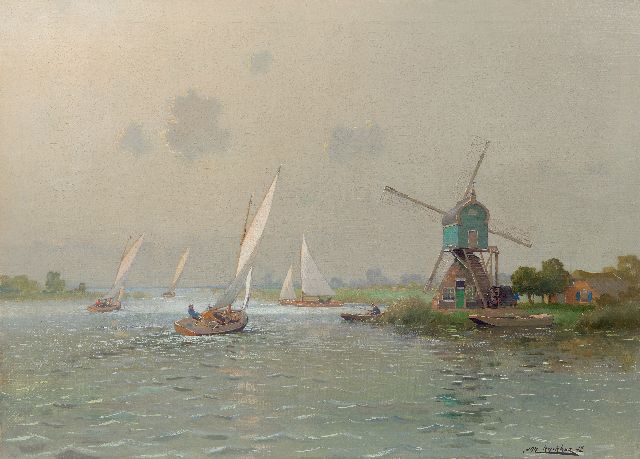 Jan Knikker jr. | Zeilwedstrijd op Zuid-Hollandse plas, olieverf op doek, 50,4 x 70,1 cm, gesigneerd r.o.