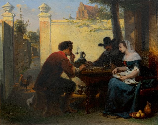 Laar J.H. van de | Damspel op de binnenplaats, olieverf op paneel 40,8 x 51,1 cm, gesigneerd l.v.h.m. op bankje en gedateerd 1864