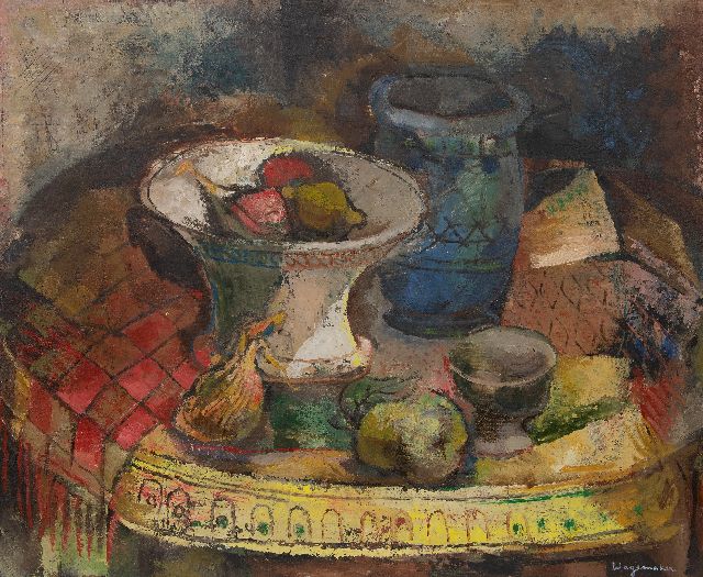 Jaap Wagemaker | Stilleven met vazen en fruit, olieverf op doek, 70,4 x 85,3 cm, gesigneerd r.o.
