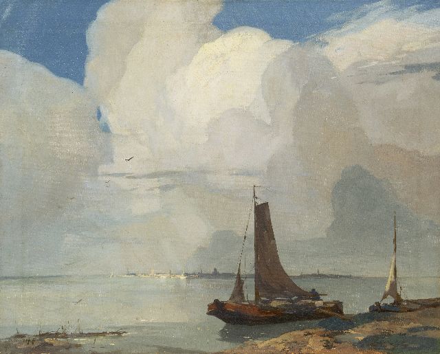 Hoff A.J. van 't | Vissersschepen aan de waterkant, een stad in de verte, olieverf op doek 60,2 x 75,5 cm, gesigneerd l.o. en gedateerd 1927
