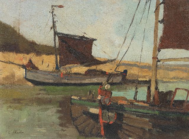 Leendert van der Vlist | Afgemeerde platbodems in een kanaal, olieverf op doek op paneel, 26,9 x 36,5 cm, gesigneerd l.o. en zonder lijst