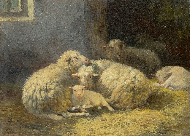 Dirk van Lokhorst | Schapen met lammeren in een stal, olieverf op paneel, 18,0 x 24,7 cm, gesigneerd l.o. en gedateerd 1876