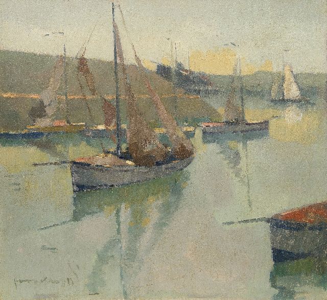 Joop Kropff | Scheepjes Scheveningse Haven, olieverf op doek, 60,2 x 65,2 cm, gesigneerd l.o.